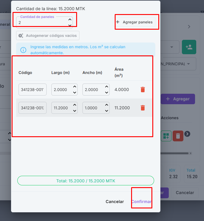Dos paneles de compra cuyo total coincide con la cantidad recibida