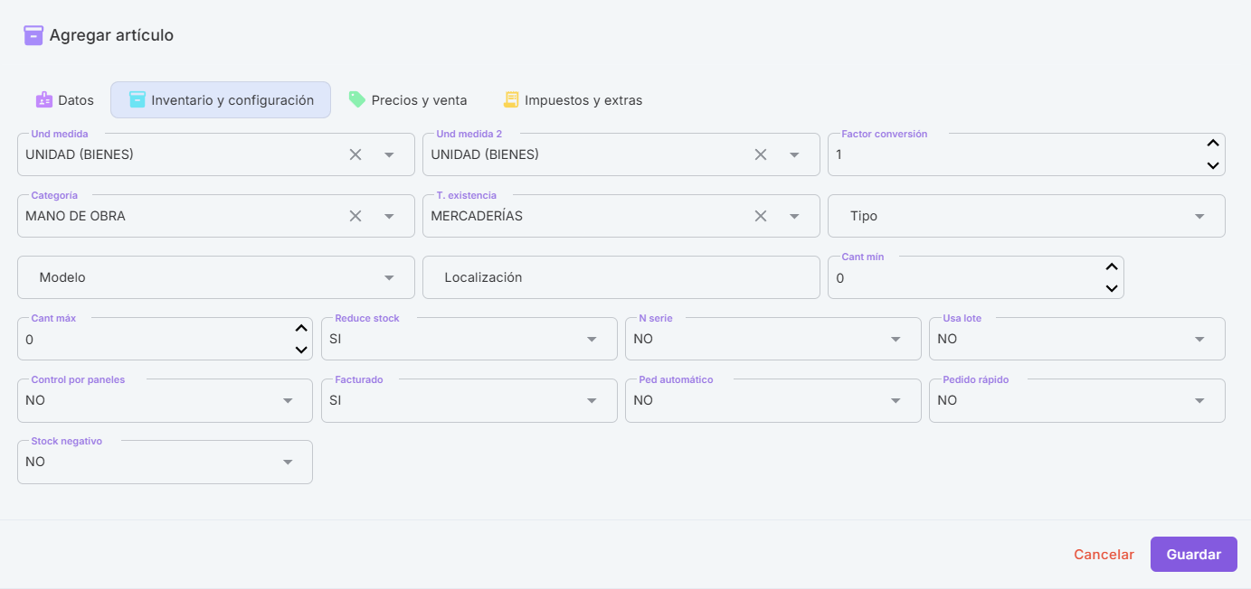 Pestaña Inventario y configuración