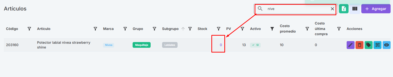 Clic en el valor de la columna Stock para iniciar el registro de stock inicial