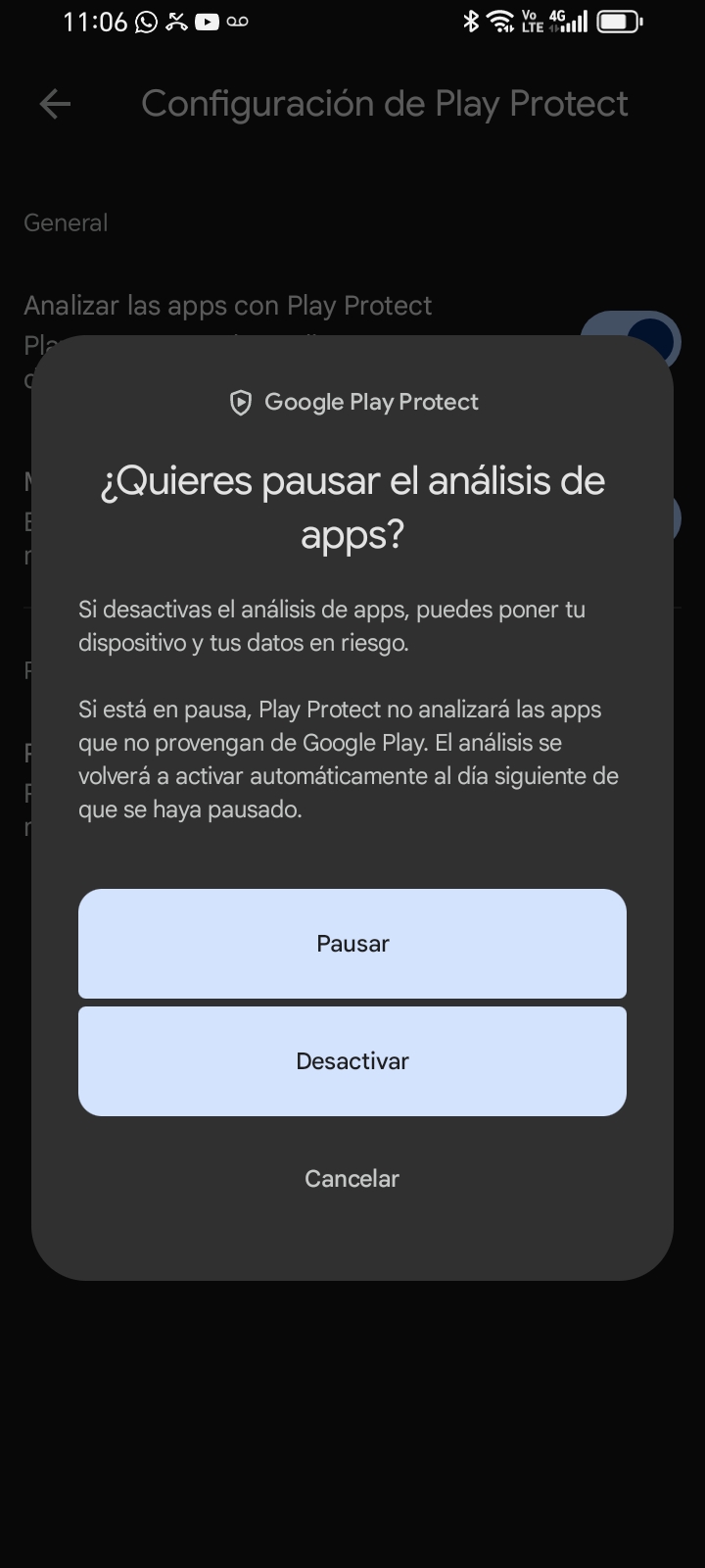 Confirmación para pausar o desactivar el análisis de apps
