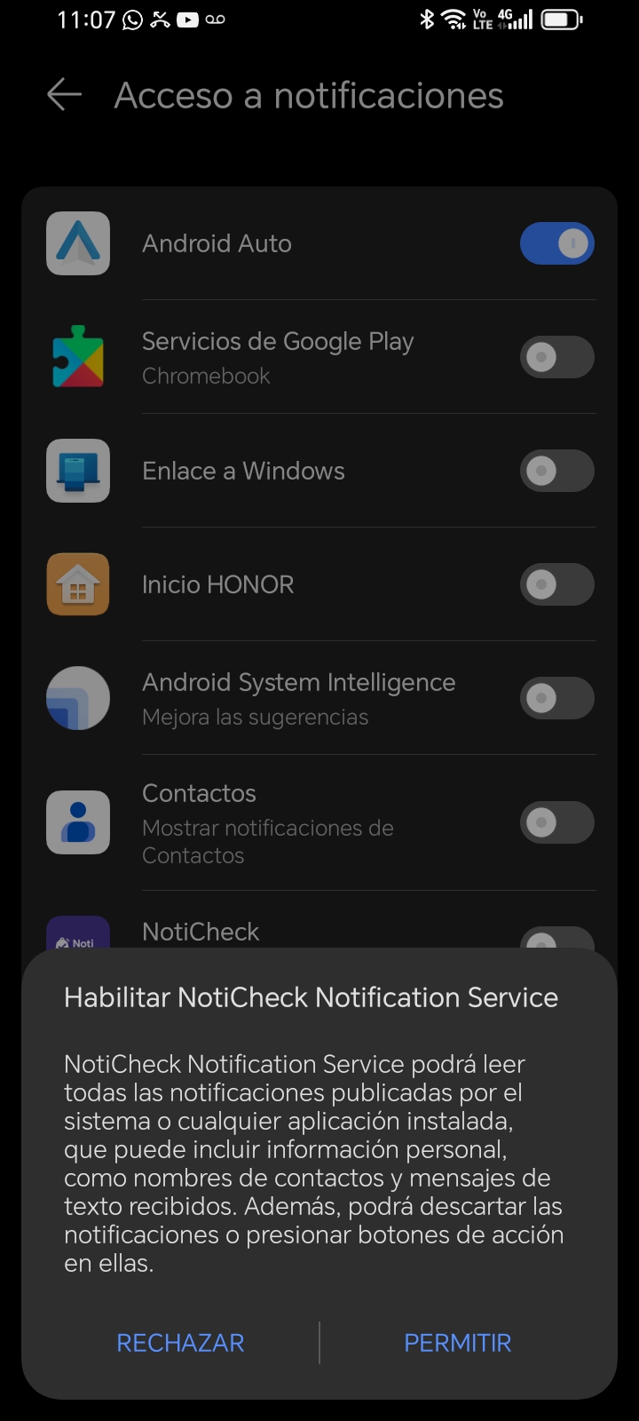 Aviso para permitir el servicio de notificaciones de NotiCheck