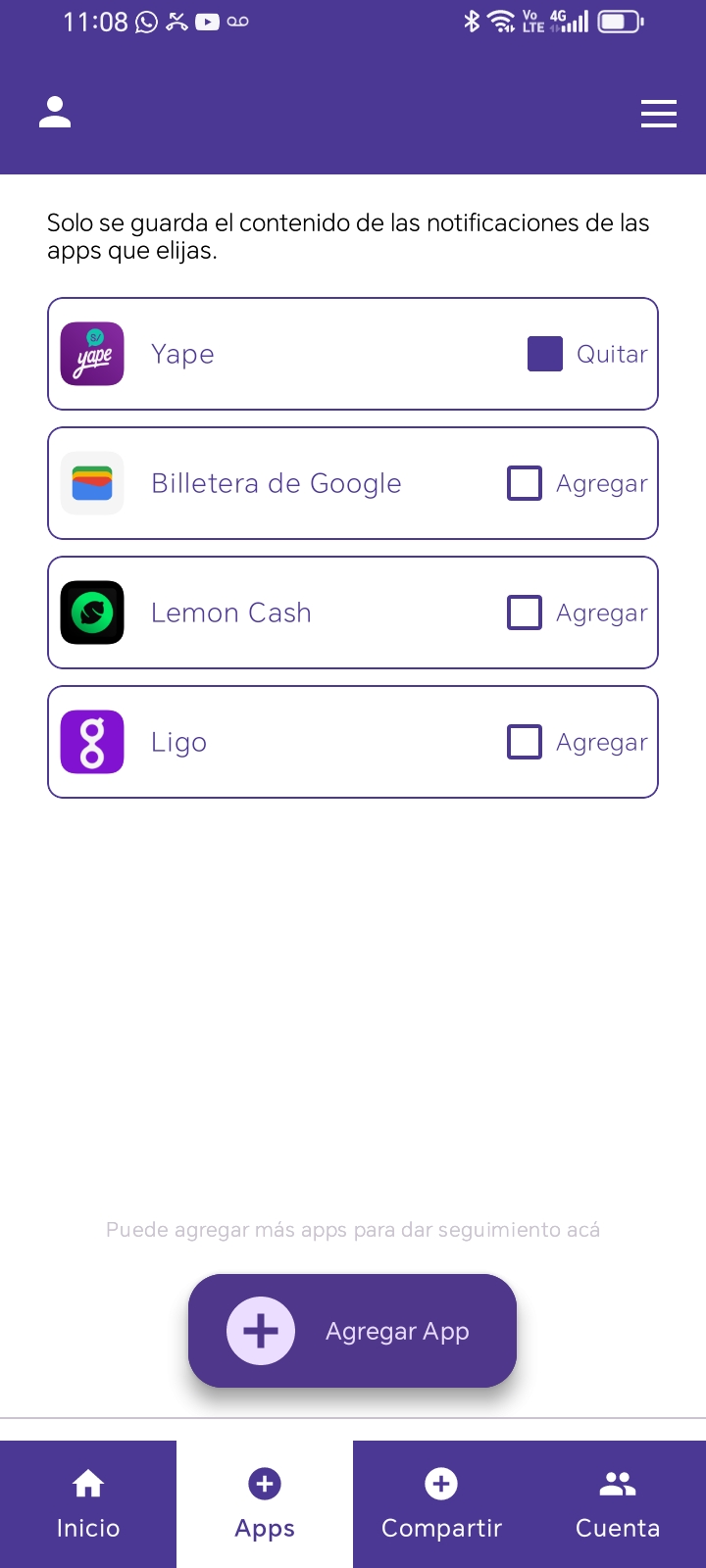 Pantalla Apps de NotiCheck con Yape seleccionada