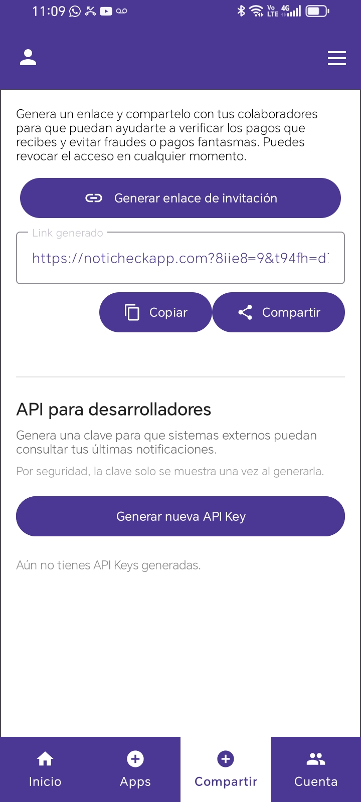 Sección API para desarrolladores de NotiCheck