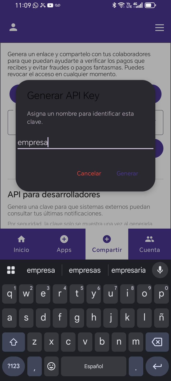Cuadro para asignar un nombre a la API Key