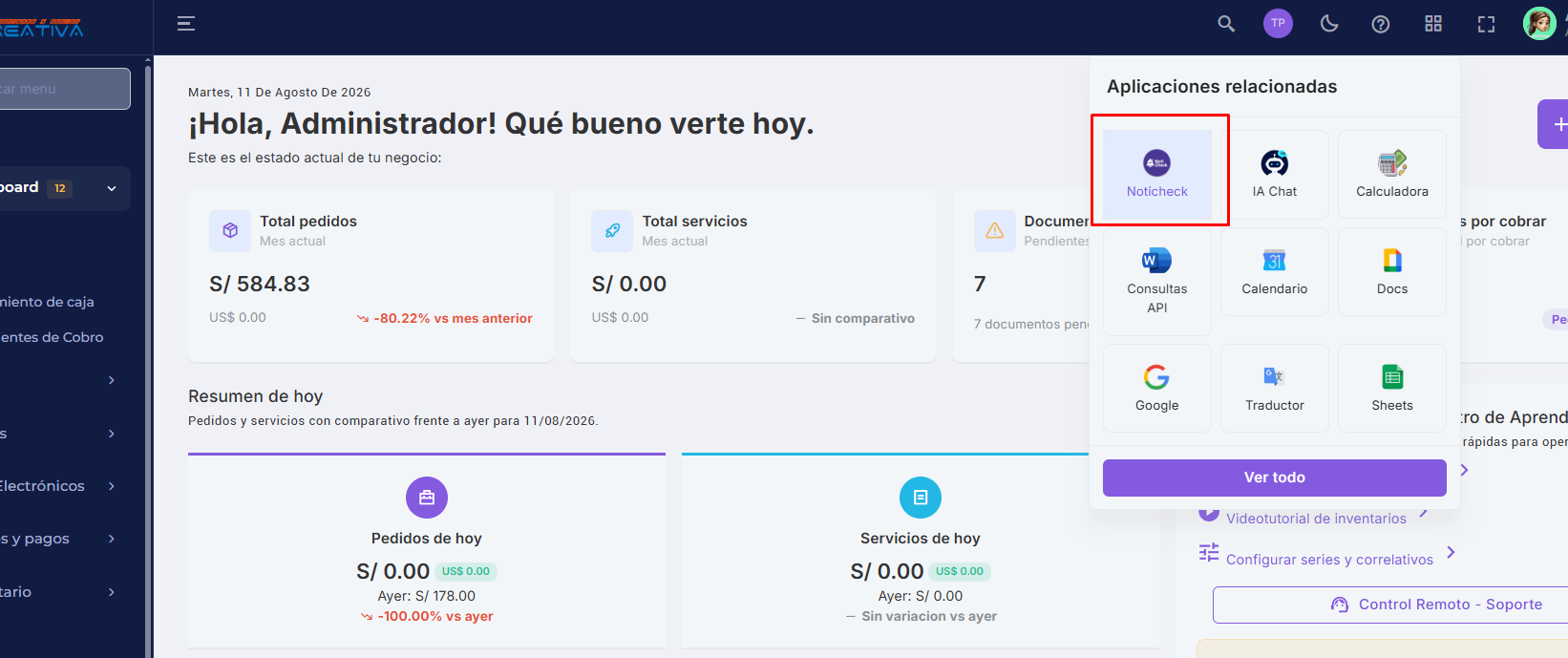 Acceso a Noticheck desde Aplicaciones relacionadas en Creativa