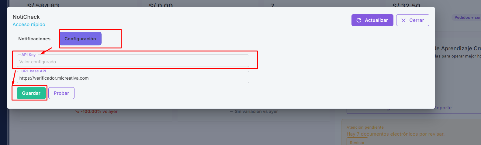 Configuración de API Key de NotiCheck en Creativa